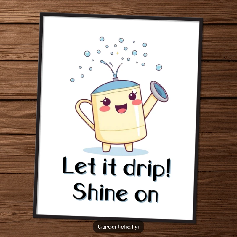 Funny Free Printable Wall Art: Proud watering can character showering sparkling droplets, adding whimsical charm. Downloadable art.