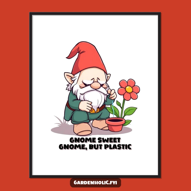 Free Printable Funny Art: Grumpy Gnome Watering Plastic Flower Downloadable Wall Decor