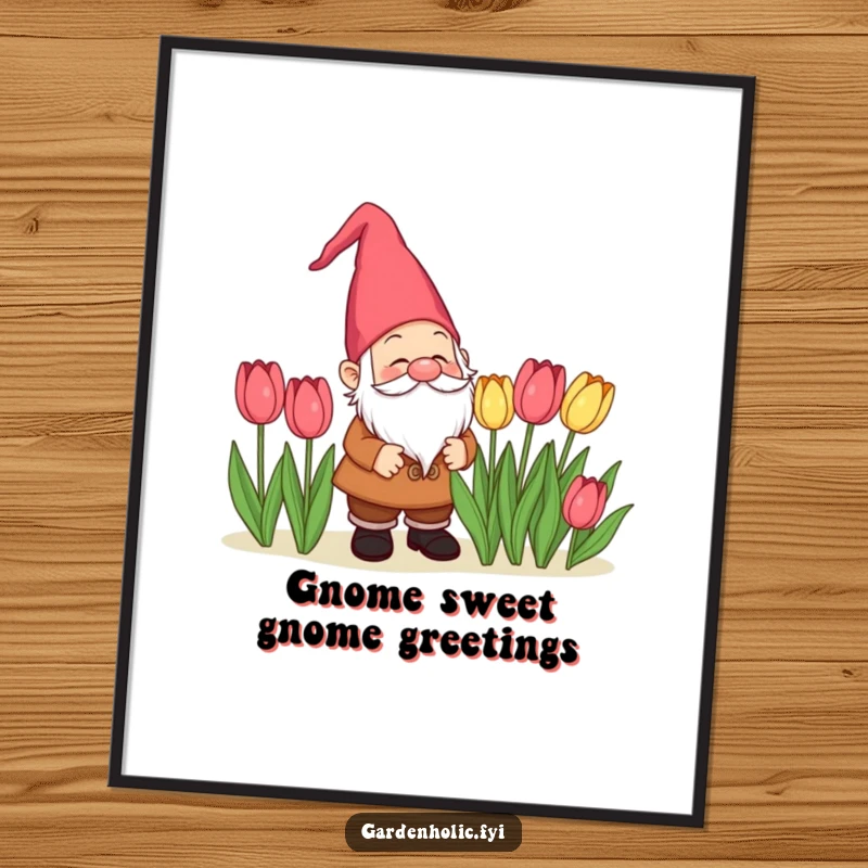 Funny Free Printable Gnome Wall Art: Delighted gnome character admiring a row of perfectly blooming tulips. Whimsical, humorous garden decor.