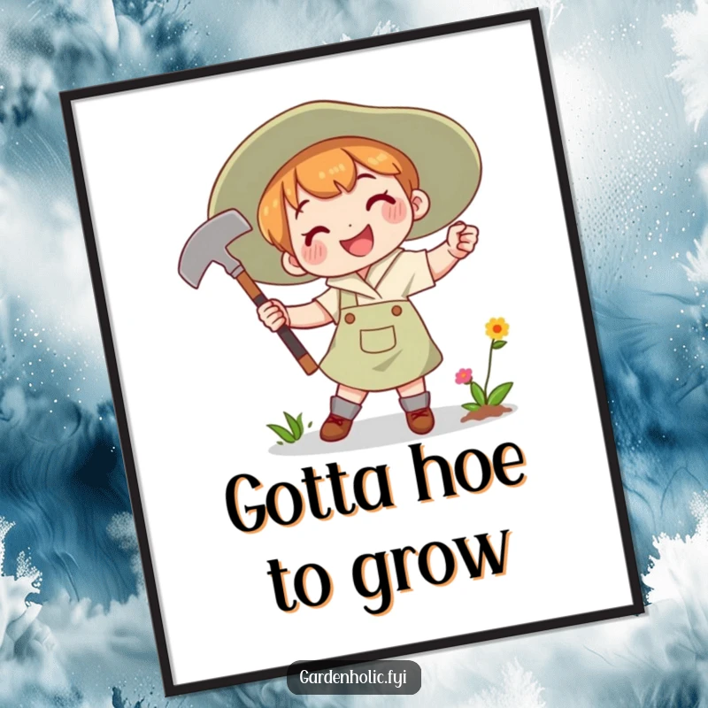 Funny Free Printable Wall Art of a character joyfully swinging a gardening hoe with a determined smile, celebrating nature.
