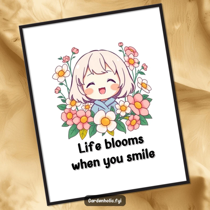Funny Free Printable Wall Art: A joyful character is surrounded by a profusion of blooming flowers, smiling brightly.