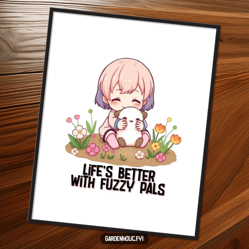 Funny Free Printable Wall Art: Character sharing a cozy cuddle with a small, fuzzy creature amidst a lush garden patch.