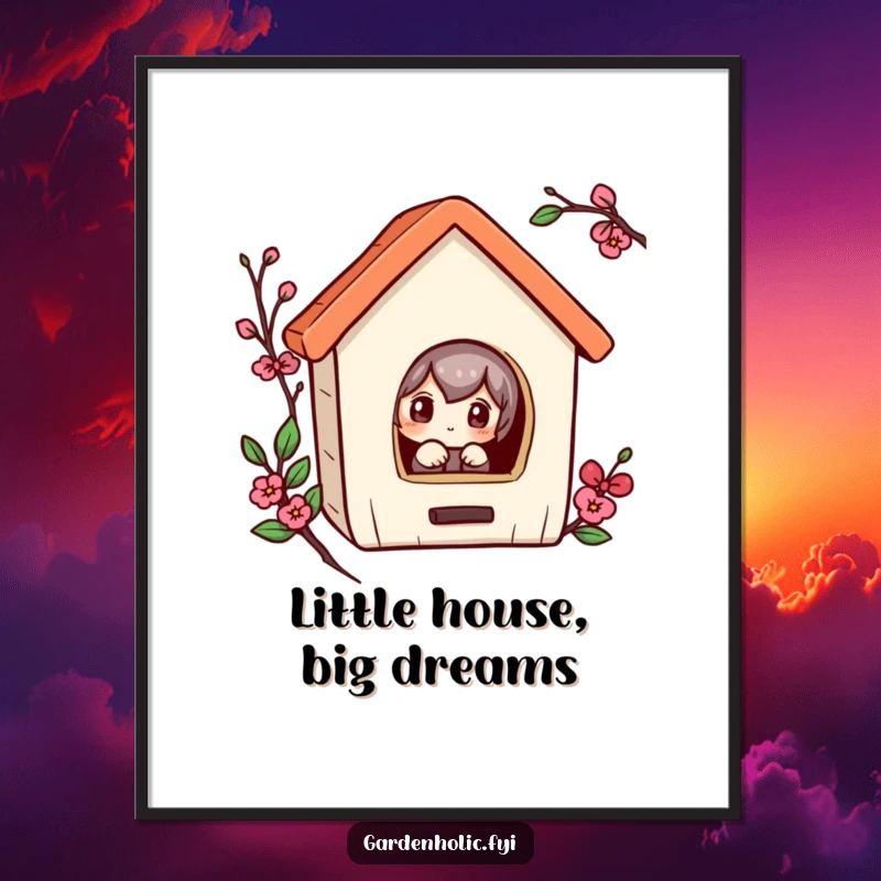 Funny Free Printable Wall Art: A wide-eyed character curiously peeking into a tiny birdhouse, adding whimsical charm to home decor.