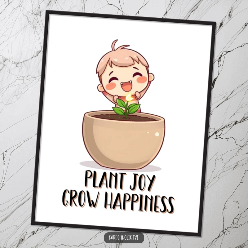 Funny Free Printable wall art of a cute character joyfully planting a tiny, sparkling seed in a large pot, embodying growth.