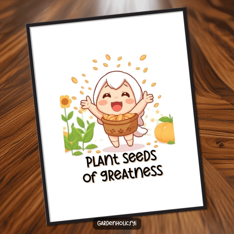 Funny Free Printable Wall Art: Joyful character celebrating a rich harvest by showering seeds.