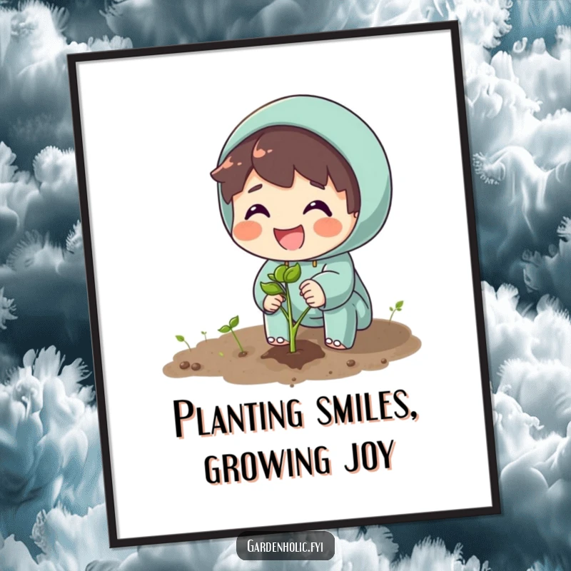 Funny Free Printable Wall Art: A character smiles brightly while enthusiastically planting a single seed, anticipating growth.