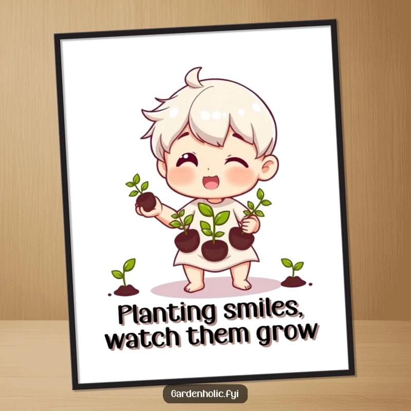 Funny Free Printable Wall Art of a happy character carefully juggling three tiny seedlings, symbolizing growth and care.