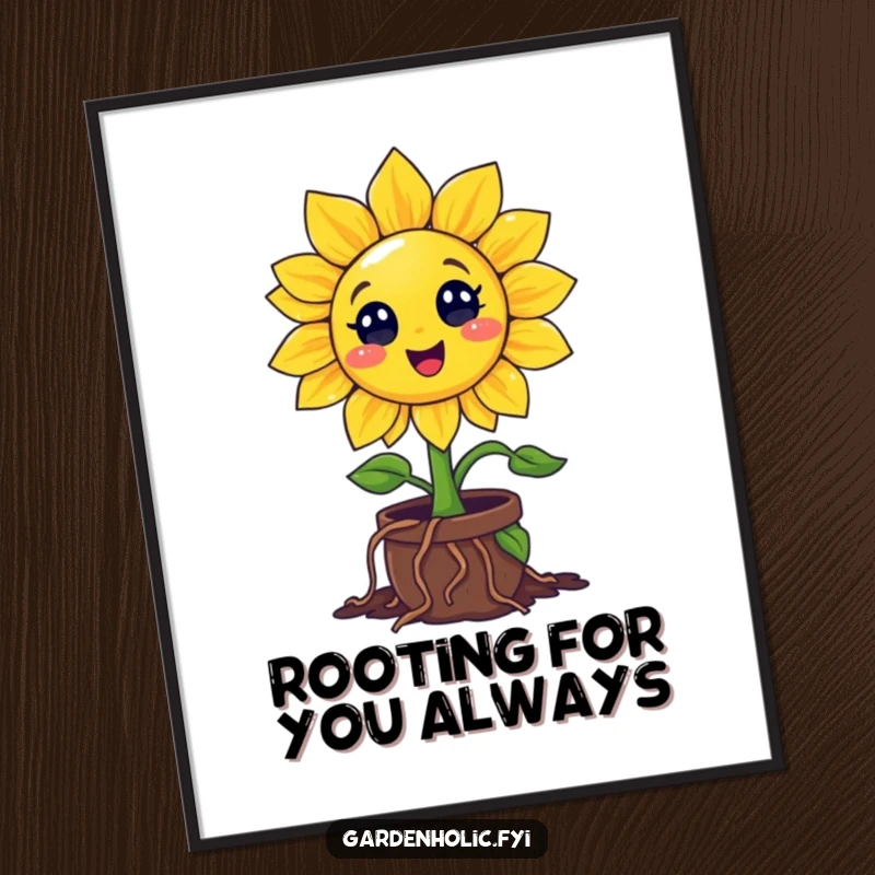 Funny Free Printable Wall Art: Smiling sunflower character digging roots enthusiastically into a tiny pot, whimsical home decor.