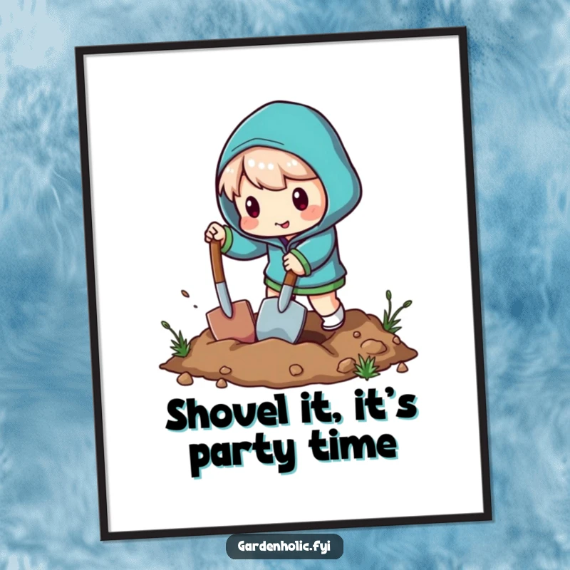 Funny Free Printable Wall Art depicting a character with a miniature shovel digging with energetic swings, brimming with cheerful humor.