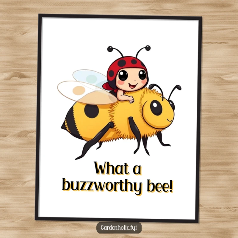 Funny Free Printable Ladybug and Bee Wall Art: Cheerful ladybug rides a friendly bumblebee. Whimsical, humorous nature decor. Downloadable.
