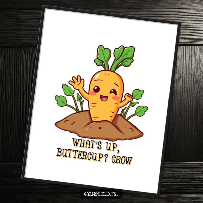 Funny Free Printable Wall Art: Joyful carrot character giving a cheerful wave from its spot in the soil. Downloadable art.