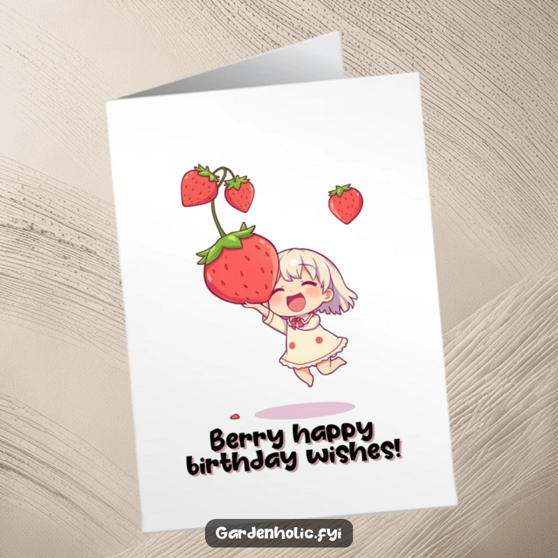 Funny Free Printable Birthday Card showing a character gleefully catching a giant strawberry, perfect for a fruity celebration.