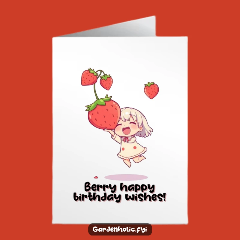 Free Printable Birthday Card: Joyful Strawberry Catch - Funny Downloadable Gift for Festivities