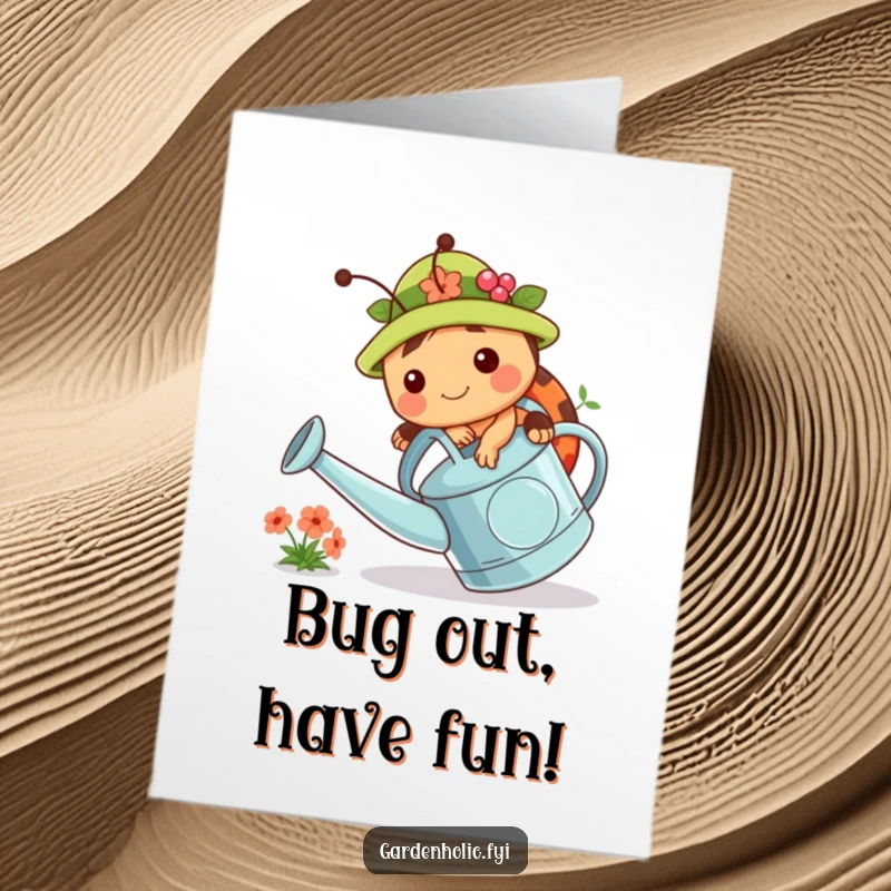 Funny Free Printable Birthday Card: Chubby ladybug in garden hat tripping over watering can, celebrating birthday.