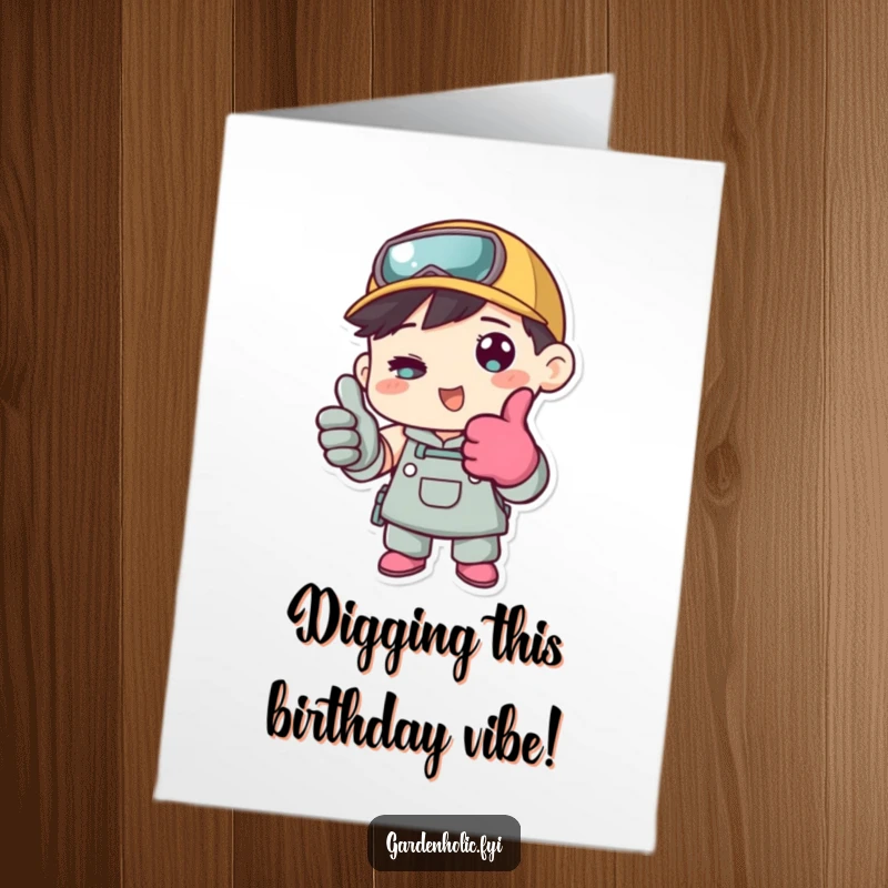 Funny Free Printable Birthday Card featuring a character in gardening gloves giving a confident thumbs up.