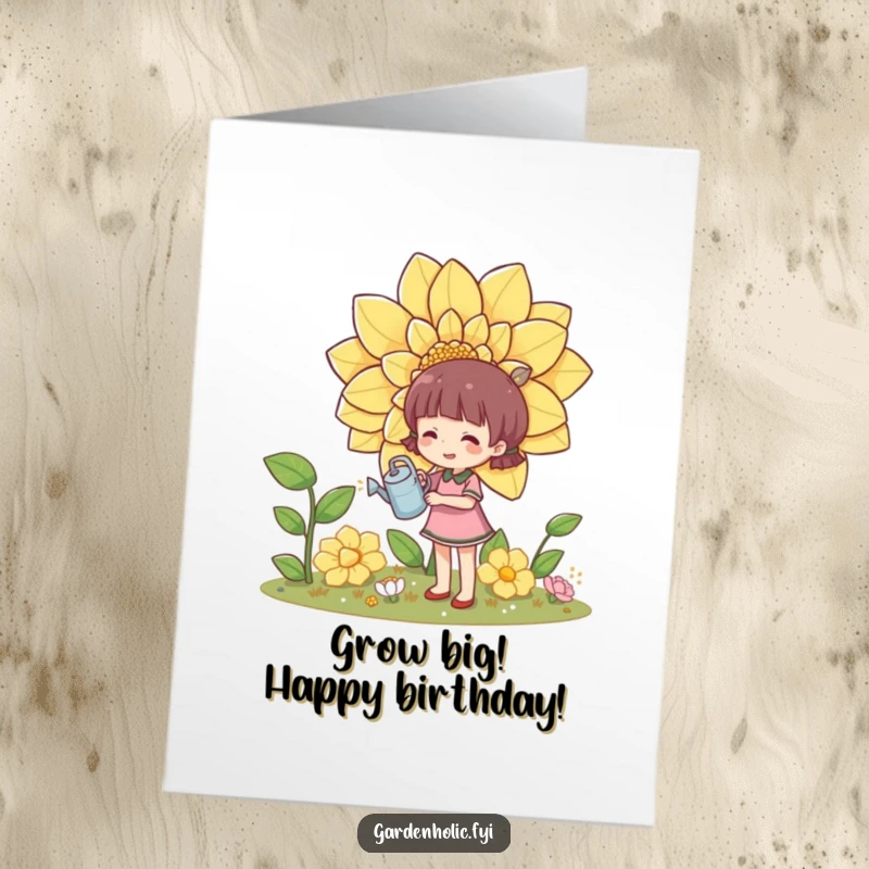 Funny Free Printable Birthday Card: Character happily waters a huge flower with a comically small watering can.