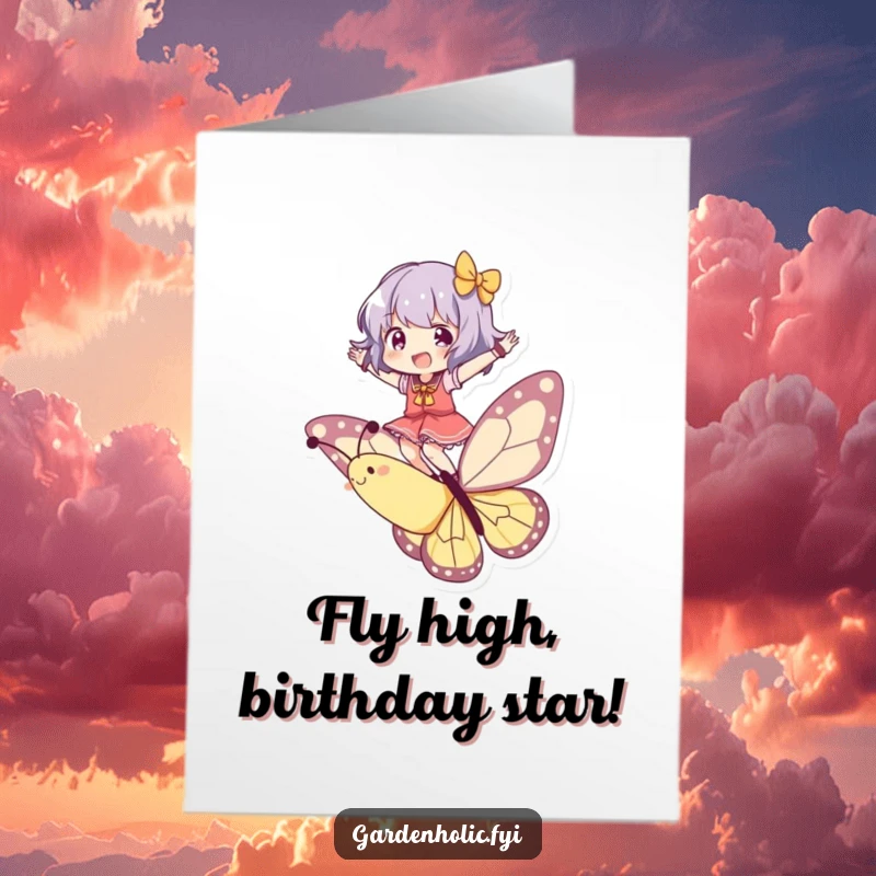 Funny Free Printable Birthday Card of a character joyfully balancing on a playful, colorful butterfly, spreading cheer.