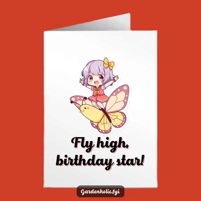 Free Printable Birthday Card: Butterfly Balancing Character, Joyful Downloadable Greeting for a Lighthearted Celebration