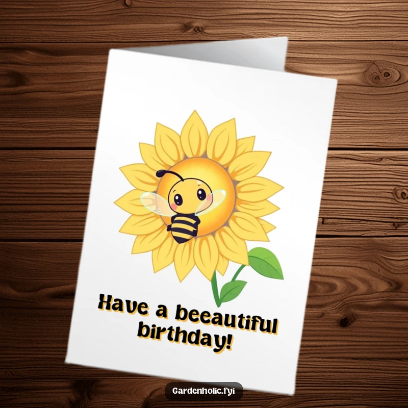 Funny Free Printable Birthday Card: Curious bee character buzzing happily around a giant, glowing sunflower. DIY gift.