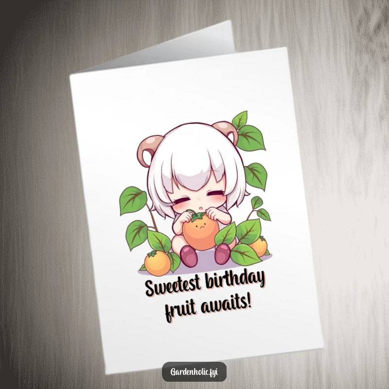 Funny free printable birthday card with a cute, focused character gently tending to a tiny fruit, celebrating growth and care.