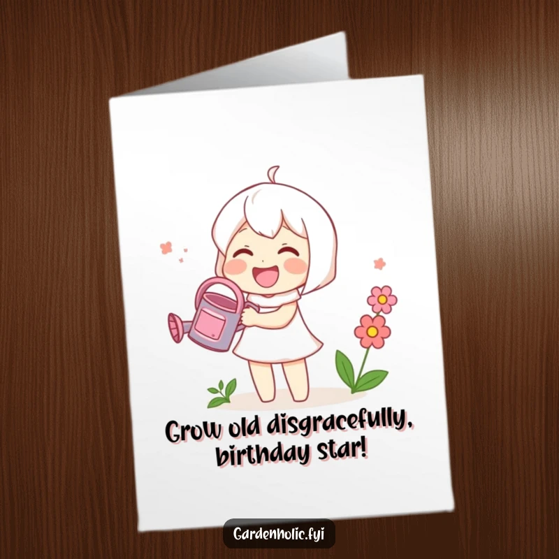 Funny Free Printable Birthday Card: Cute character gleefully watering a single blooming flower, spreading cheer and smiles.
