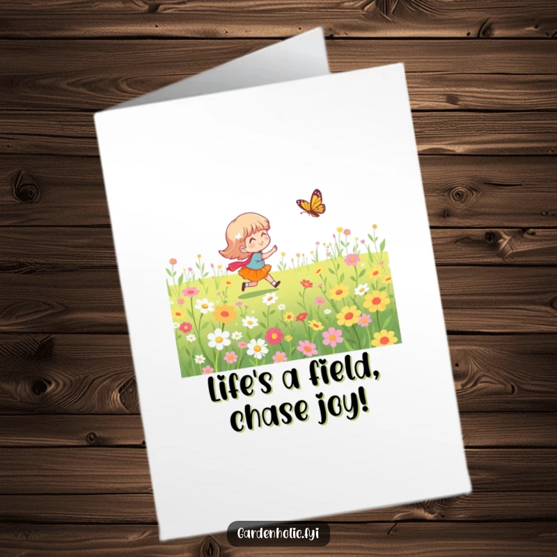 Funny Free Printable Birthday Card: Cheerful character joyfully chasing a butterfly amid vibrant blooming flowers, perfect for a fun celebration.
