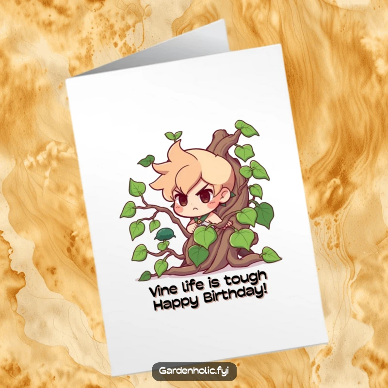 Funny Free Printable Birthday Card: Determined character struggling to control a massive, wild vine, sending birthday wishes.