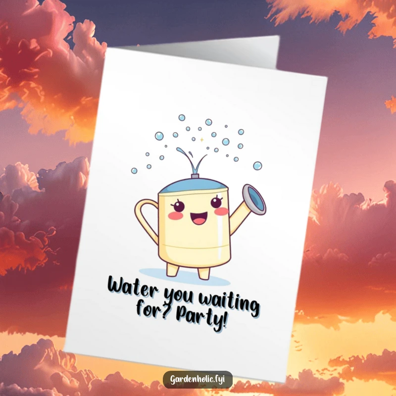 Funny Free Printable Birthday Card: Proud watering can character joyfully showering sparkling droplets. DIY downloadable gift.