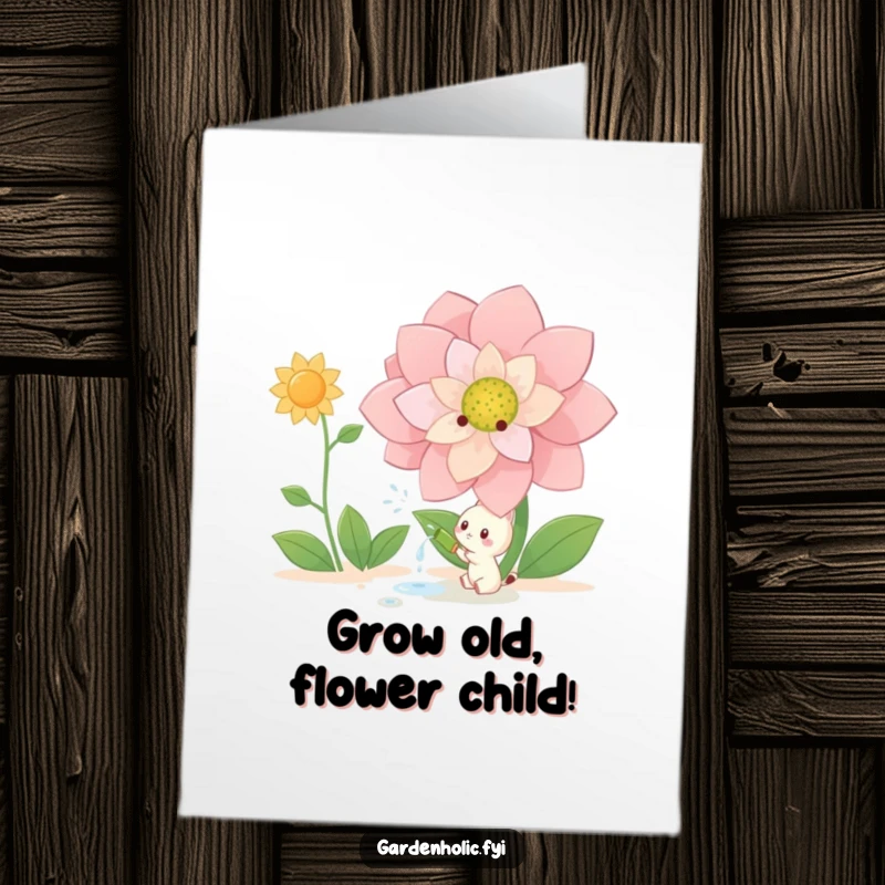 Funny Free Printable Birthday Card: Small creature happily watering a giant, vibrant blooming flower, celebrating life.