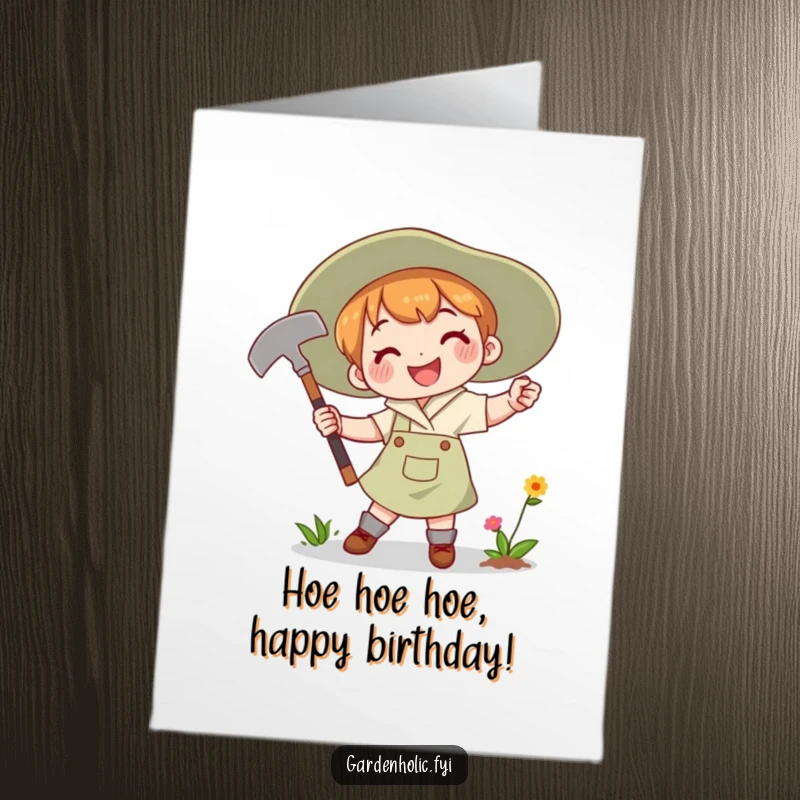 Funny Free Printable Birthday Card of a character joyfully swinging a gardening hoe with a determined smile.