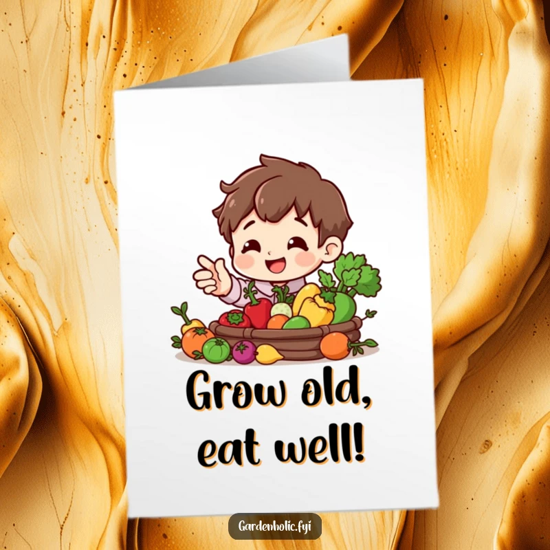 Funny Free Printable Birthday Card: Smiling character happily gesturing towards a bountiful harvest of miniature vegetables, celebrating a fresh start.