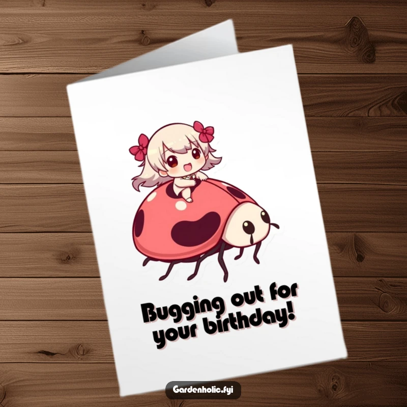 Funny Free Printable Birthday Card: Character joyfully rides atop a giant, friendly ladybug through a sunny garden landscape.