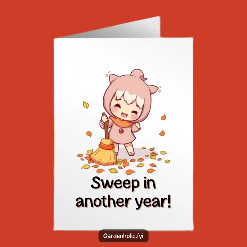 Free Printable Birthday Card: Leaf Sweeping Character, Fun Downloadable Greeting for a Fresh Start