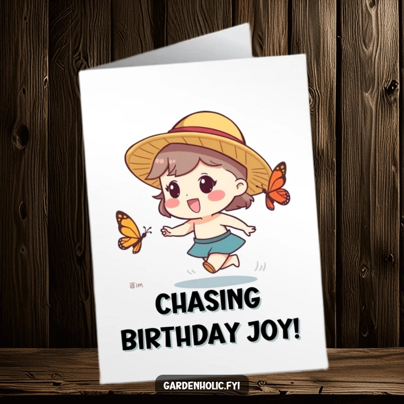 Funny Free Printable Birthday Card featuring a character in a straw hat excitedly chasing a butterfly, embodying pure joy.