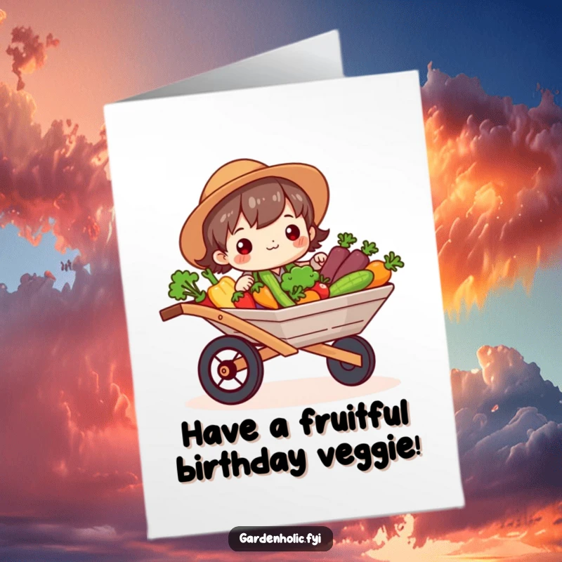 Funny Free Printable Birthday Card: Cute character beaming with a wheelbarrow full of vibrant vegetables for a birthday.