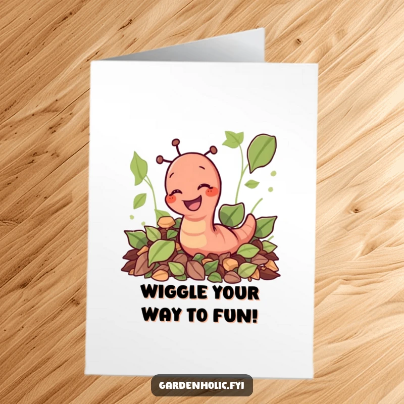 Funny Free Printable Earthworm Birthday Card: Giggling worm digs through leaves, celebrating birthdays. Quirky downloadable card.