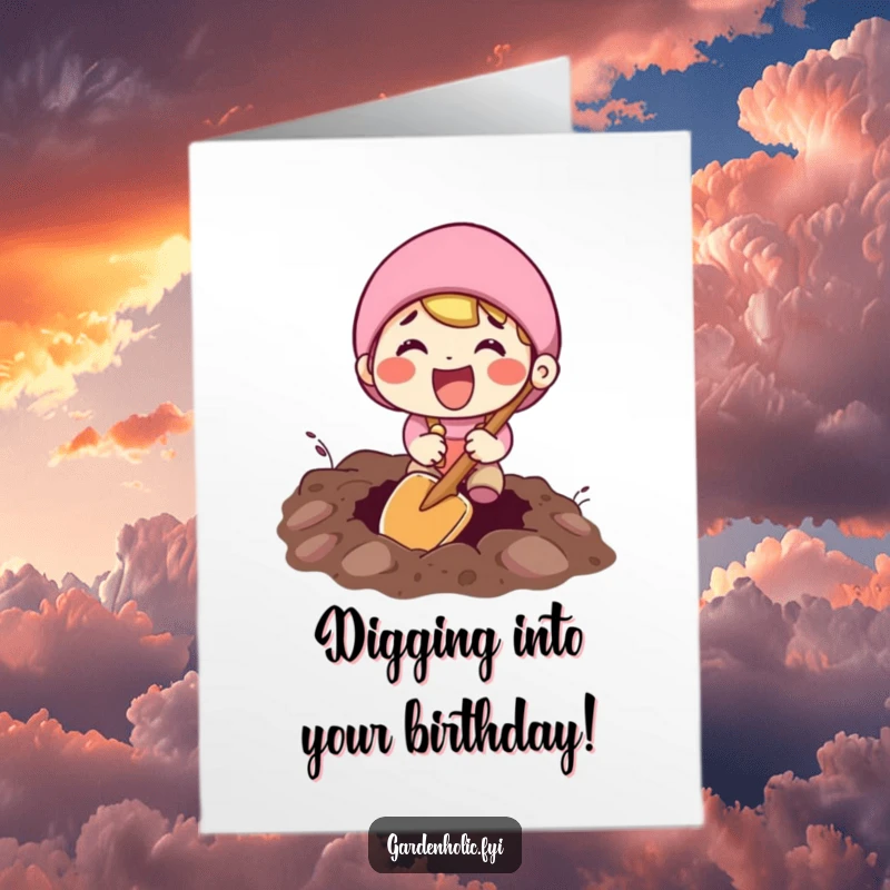 Funny Free Printable Birthday Card: Excited character energetically digging a hole with a tiny shovel.