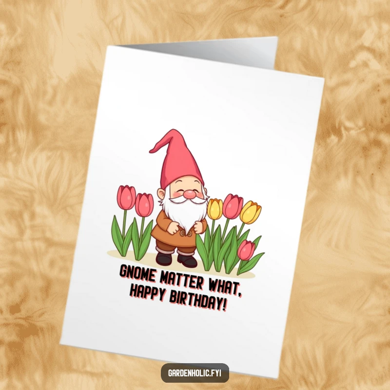 Funny Free Printable Gnome Birthday Card: Delighted gnome admires tulips, celebrating a birthday. Downloadable and enchanting.