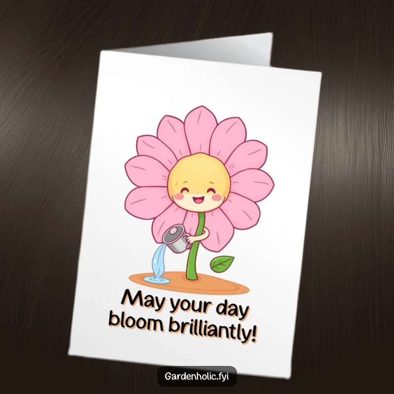Funny Free Printable Sprout Birthday Card: Little sprout waters a giant smiling flower, spreading birthday cheer. Downloadable and delightful.