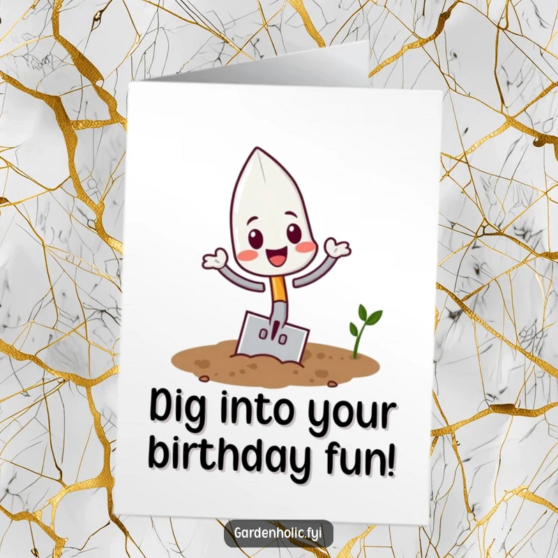 Funny Free Printable Trowel Birthday Card: Playful trowel flips in soil, celebrating birthdays. Downloadable and energetic.