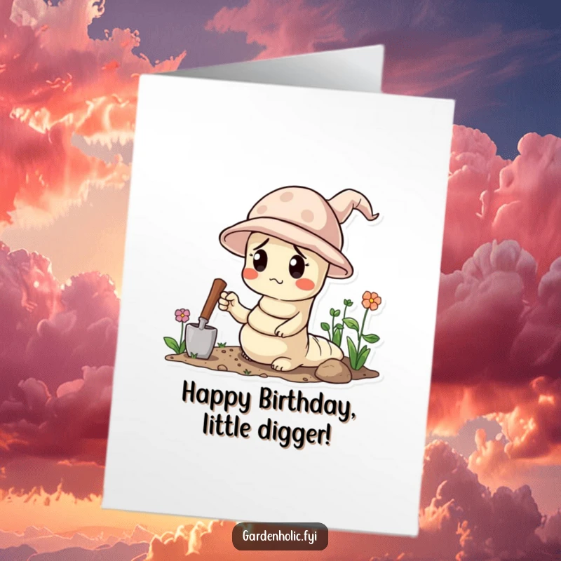 Funny Free Printable Birthday Card: A confused worm in a hat with a trowel, celebrating a birthday with gardening misadventures.