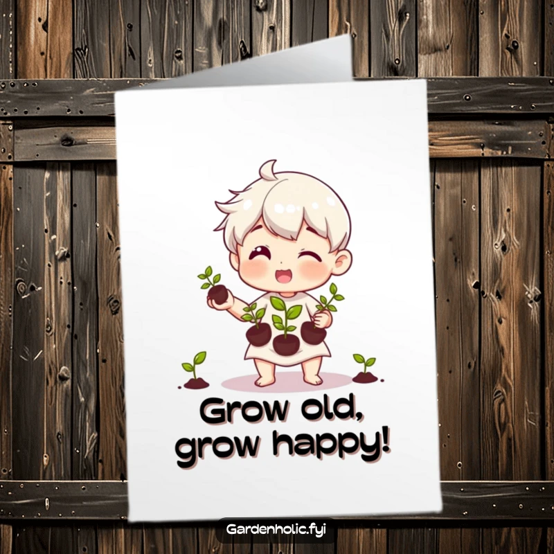 Funny Free Printable Birthday Card with a happy character carefully juggling three tiny seedlings with a smile.