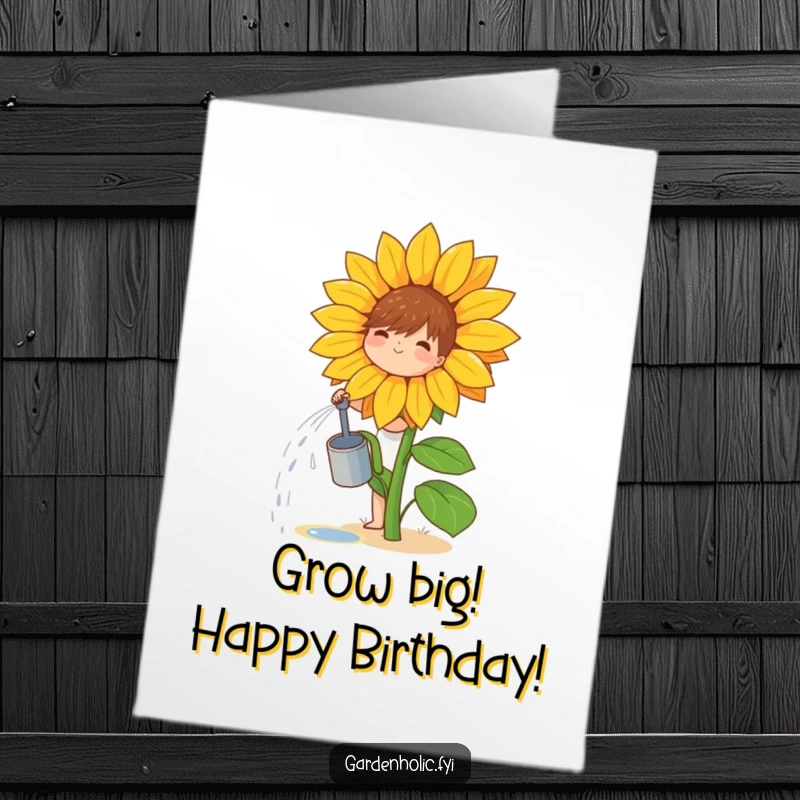 Funny Free Printable Birthday Card: Small character joyfully watering a single, giant sunflower, celebrating growth and happiness.