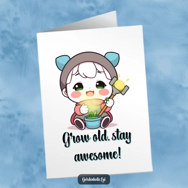 Funny free printable birthday card: A happy gnome with a glowing mini shovel, ready to dig up some birthday cheer.