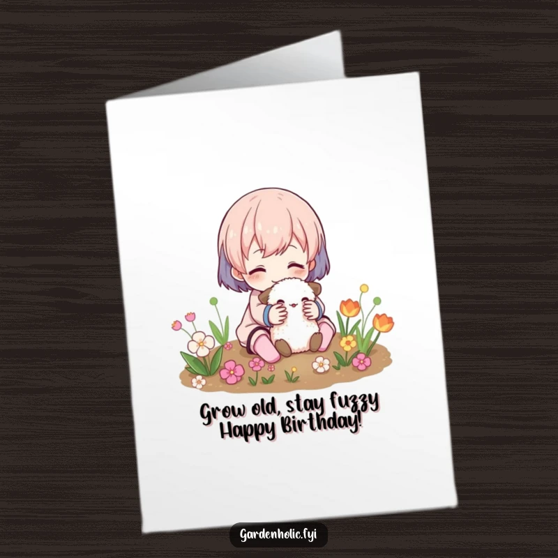 Funny Free Printable Birthday Card: Character sharing a joyful cuddle with a small, fuzzy creature in a vibrant garden patch.