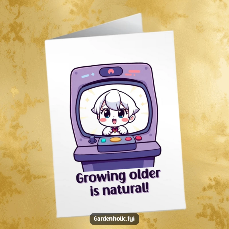 Funny free printable birthday card with a charming character surprised and delighted by a sprouting seedling, celebrating new beginnings.