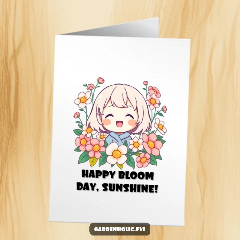 Funny Free Printable Birthday Card: A character beams with happiness surrounded by vibrant blooming flowers.