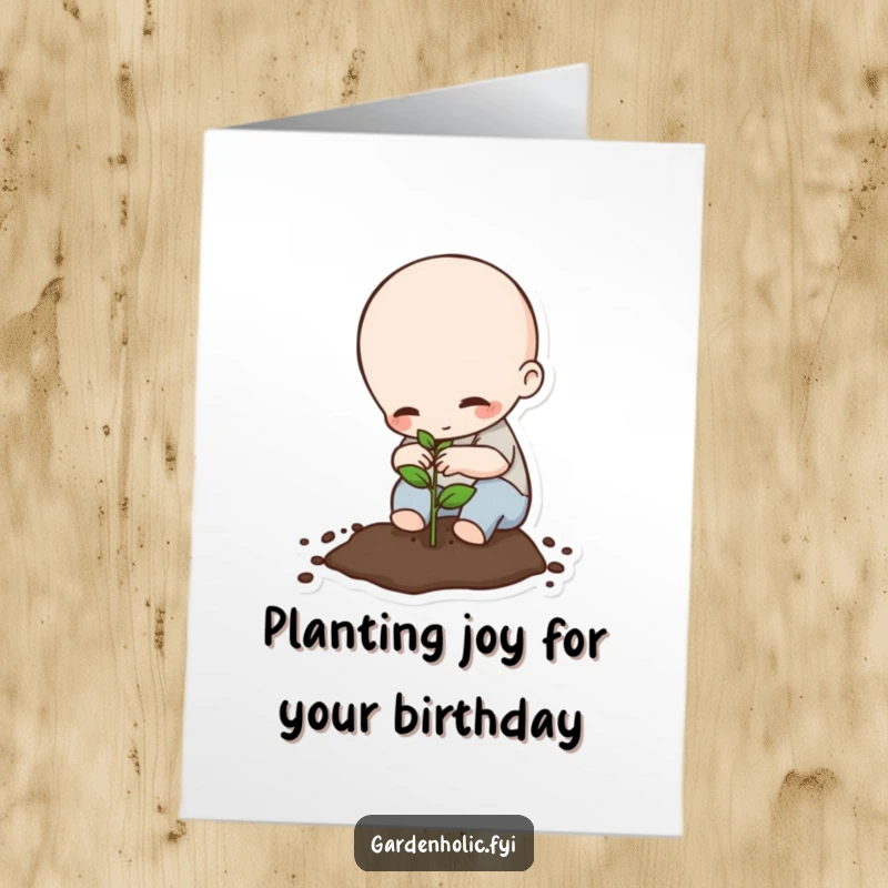 Funny Free Printable Birthday Card: Tiny being carefully planting a small seed, symbolizing hopes for the birthday.