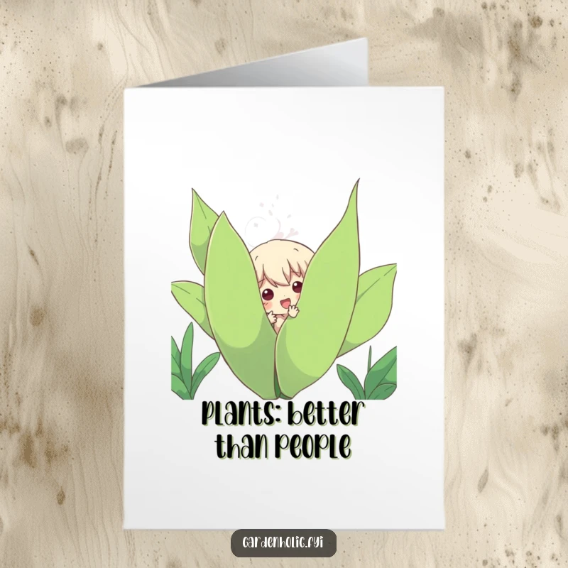 Funny Free Printable Birthday Card with a character hilariously peeking from behind a giant green plant, perfect for a laugh.