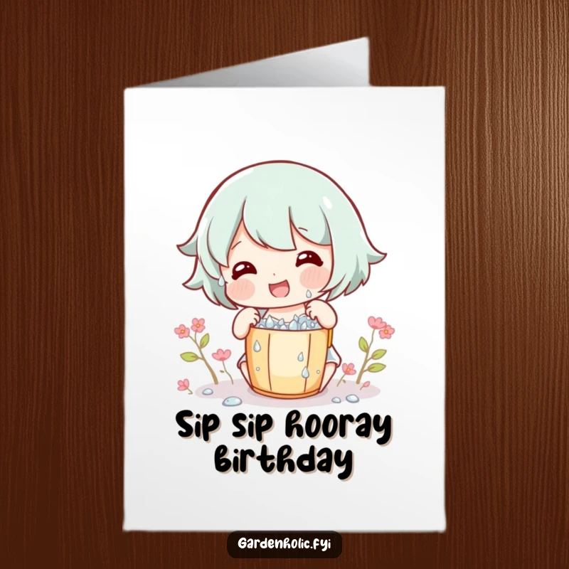 Funny Free Printable Birthday Card: A character gleefully collects small dew drops in a tiny bucket with a smile.